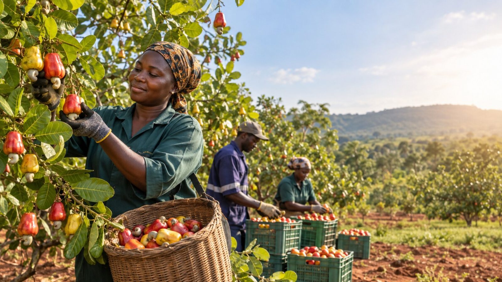 Ghanaian farmers harvesting ripe cashew apples into baskets in an orchard at golden hour