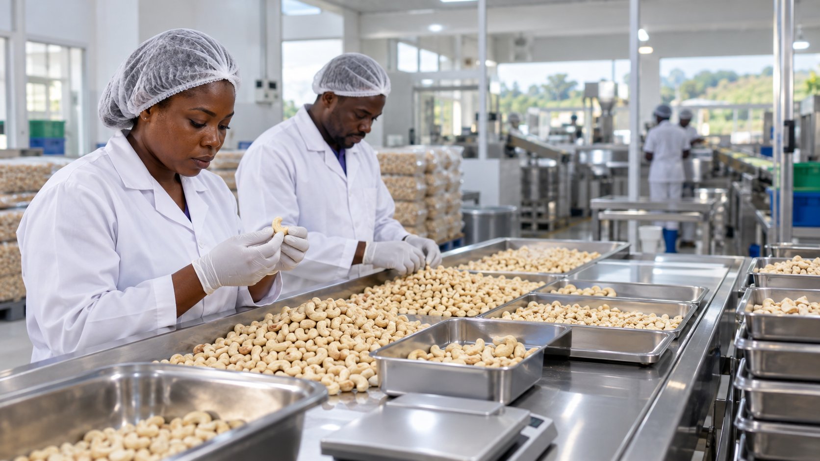 Quality inspectors grading white whole cashew kernels on stainless trays in a Ghanaian processing plant