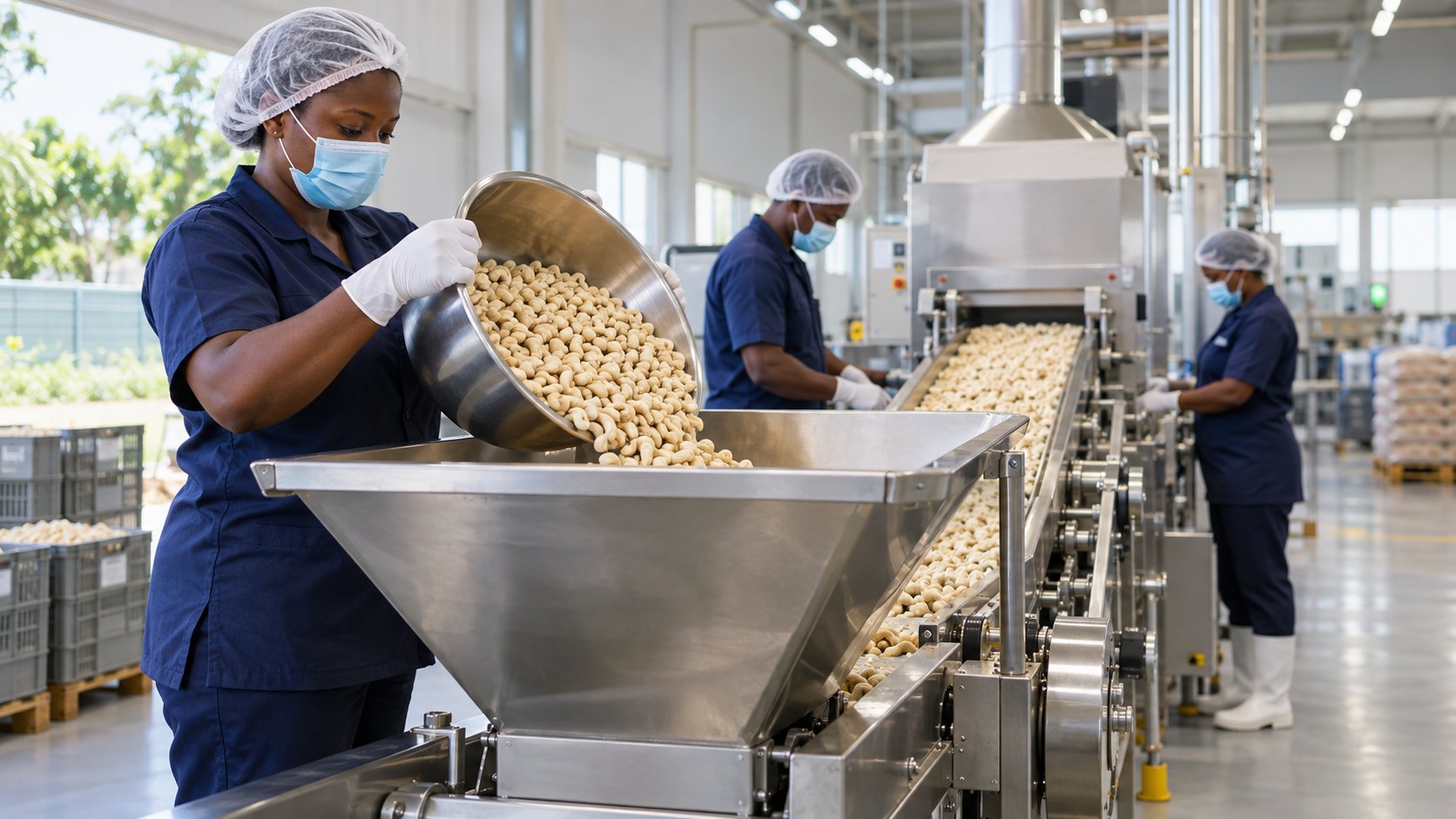 Worker pouring raw cashew kernels into a stainless steel hopper on a processing line in Ghana