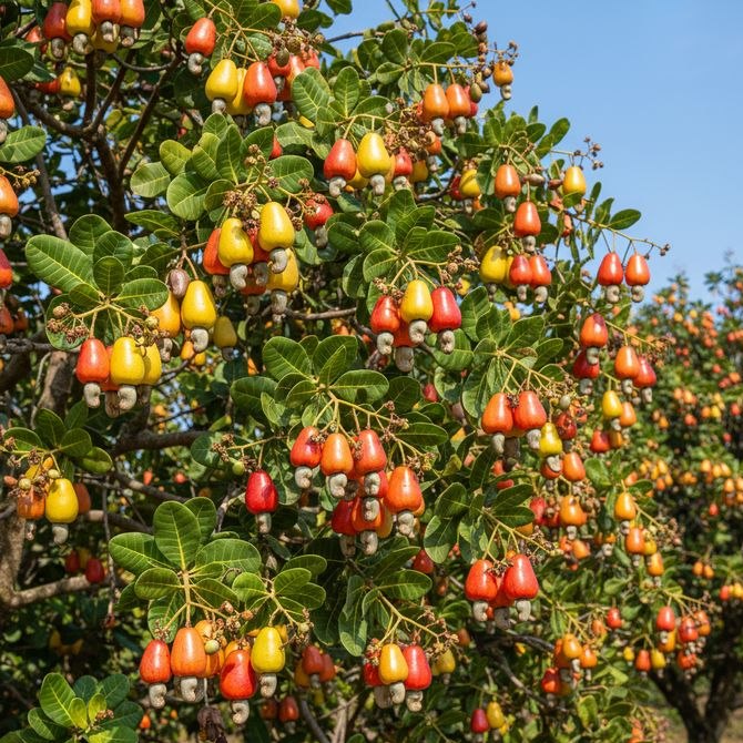 Branch heavy with ripe red and yellow cashew apples ready for harvest in a cashew orchard