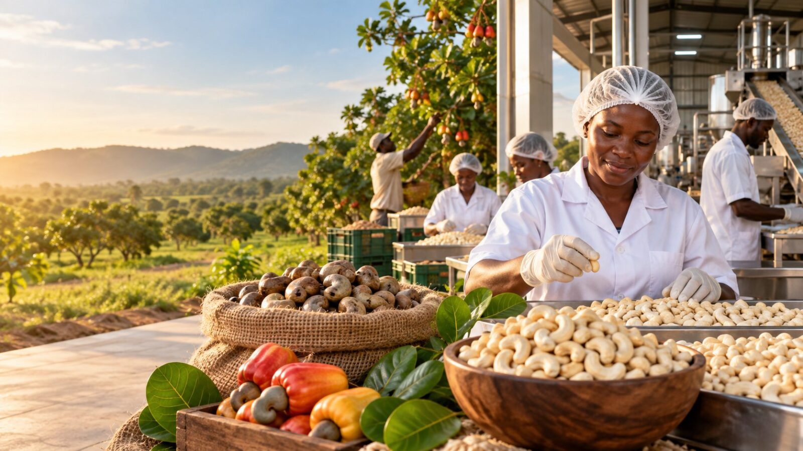 Cashew orchard at sunrise beside a cashew processing facility in Ghana, with workers sorting kernels