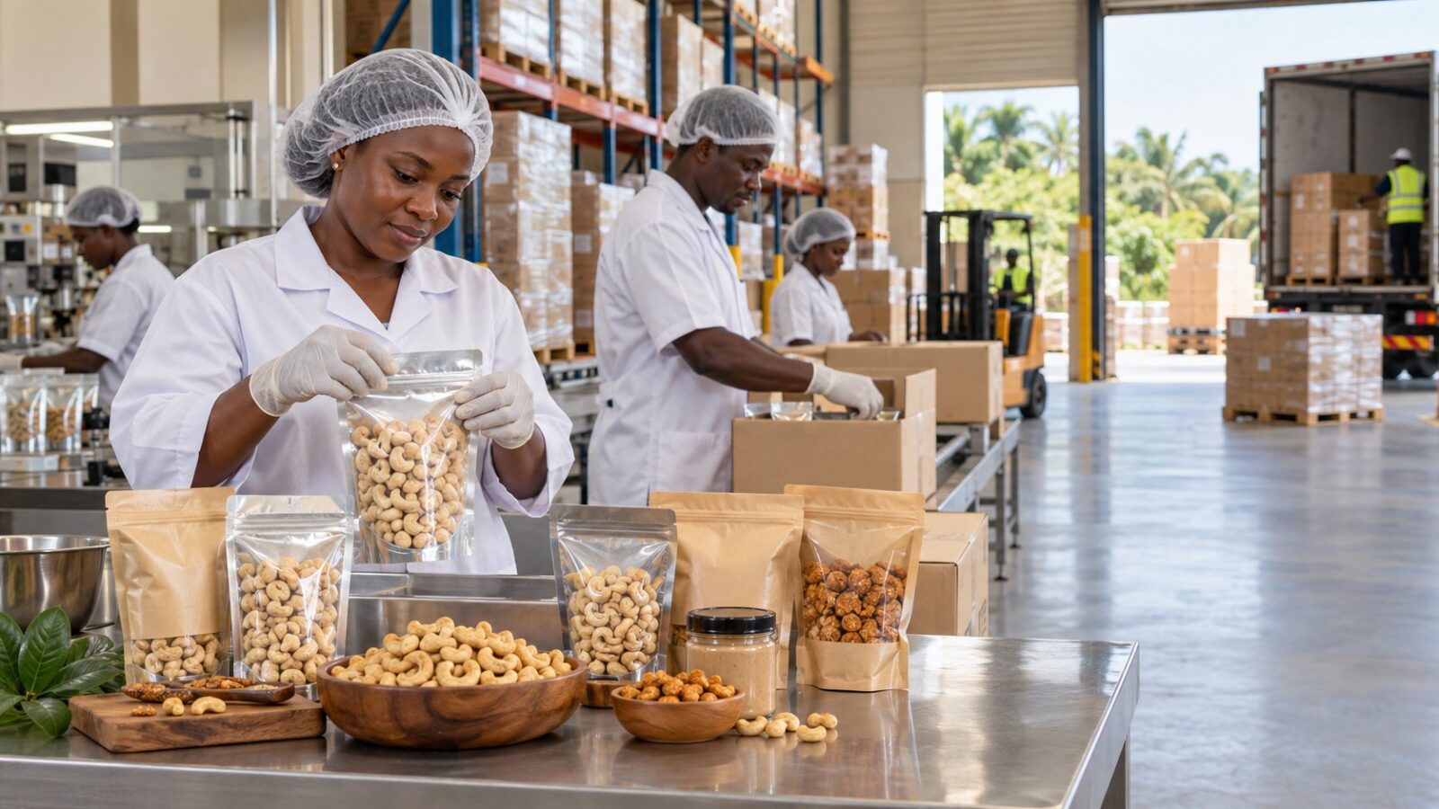 Staff packing cashew kernels into export cartons at a Ghanaian warehouse while a container truck loads