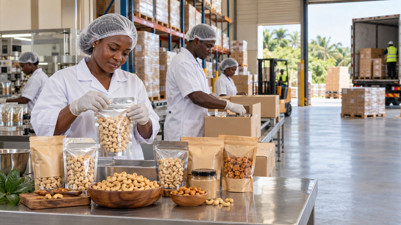 Staff packing cashew kernels into export cartons at a Ghanaian warehouse while a container truck loads