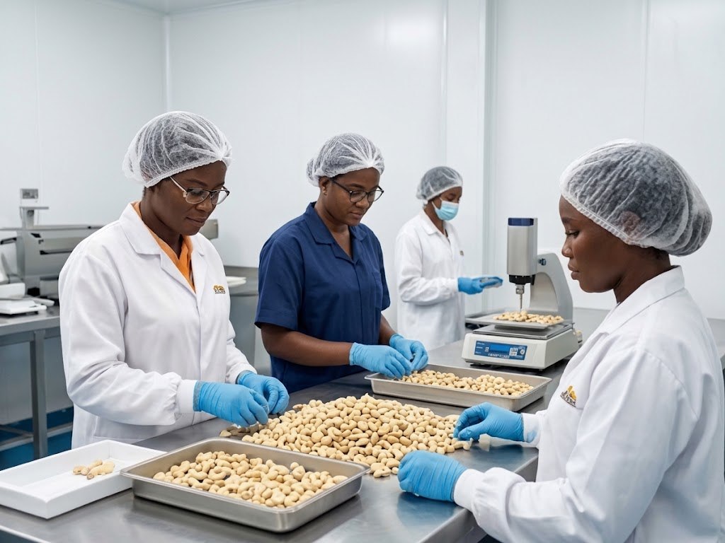 Technicians weighing and testing cashew kernel samples in a quality control laboratory