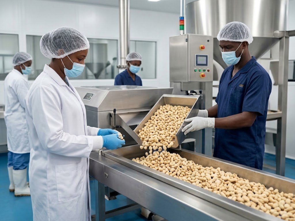 Operators feeding shelled cashew kernels onto a conveyor in a food-safe processing hall